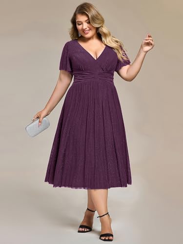 Image of Ever-Pretty Plus Women's V Neck Short Sleeves A Line Glitter Midi Plus Size Formal Wedding Guest Dresses