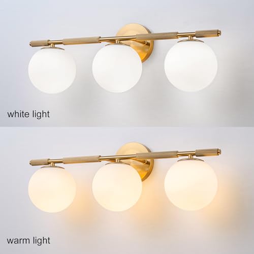 Image of 24 inch Brass Vanity Light, 3-Light Modern Gold Bathroom Lighting Fixtures Over Mirror with Knurled Texture Milk Glass Globe Wall Sconce