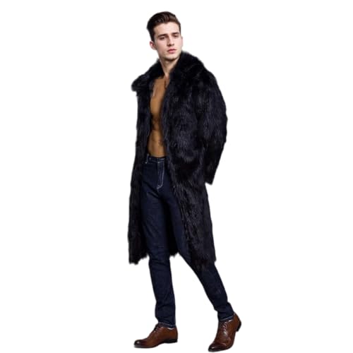 UMREN Mens Faux Fur Coat Long Black Jacket Warm Furry Overcoat Outwear3
