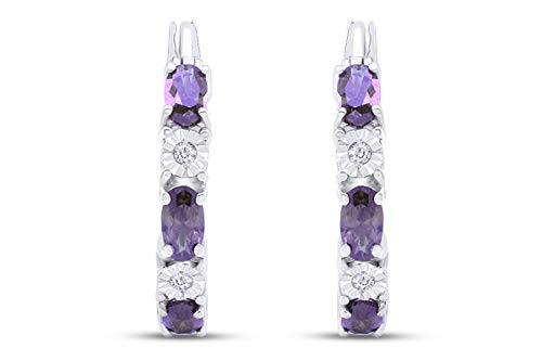 Simulated Bithstones And White Natural Diamond Accent Hoop Earrings In 14K White Gold Over Sterling Silver (Simulated Amethyst) #TOP2