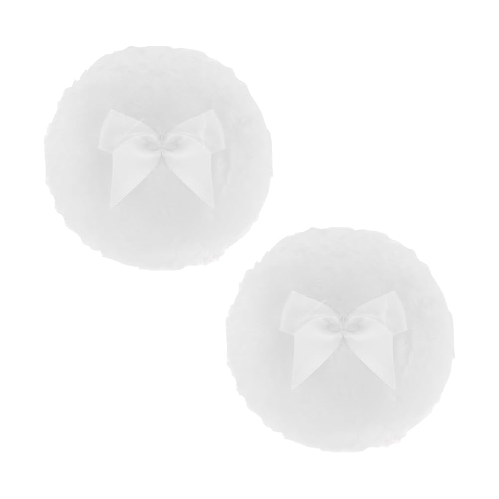 2 Pcs 4 Inch Large Fluffy Powder Puffs Ultra Soft Velour Powder Puffs Face Body Powder Puff Reusable Loose Powder Puff Washable Fuzzy Makeup Puff with Bowknot White