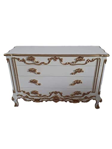Antik Louises Barock Rokoko stilmöbel kommod sidobord byråskåp med lådor för sovrum, färg: vit med guld, bredd 125 cm