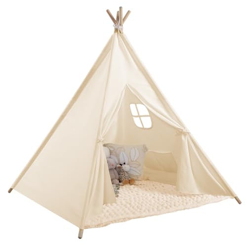 Monobeach - Monobeach Teepee Tent for Kids Foldable Children Play Tent for Girl and Boy with Carry Case 4 Poles White Canvas Playhouse Toy for Indoor and Outdoor Games (White)