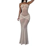 Mabackly Women's Sheer Nightdress Shiny Sequin Strapless Bodycon See Through Mermaid Dress with Neck Choker (White, M)
