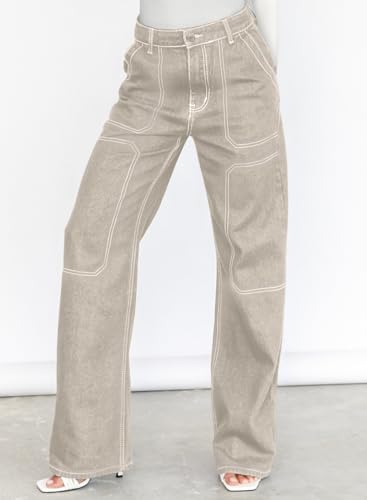 Dokotoo Women's Casual Mid Waist Cargo Jeans Stretch Wide Leg Denim Pants with Pockets3