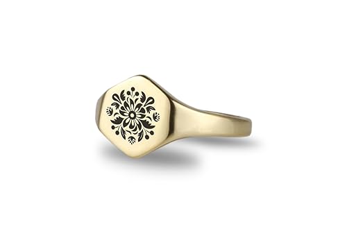 Chevalière fleur hexagone gravée bague personnalisée pour femme