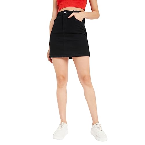 Image of DRAPE AND DAZZLE Mini Skirt with Back Slit Denim Black Short Cotton Skirt with 4 Pocket for Women | Denim Short Skirt for Women & Girl's | Stretchable Western Denim Skirt for Women