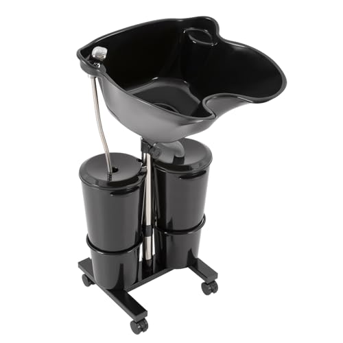 JJsdwin Lavabo de coiffure, lavabo mobile avec 2 seaux et roulettes universelles, hauteur réglable vers l'arrière pour salons de beauté, coiffeur et hôpitaux