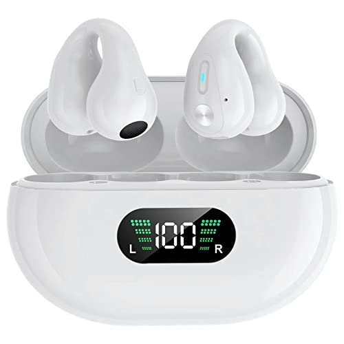 Trådlösa öronklämmor benledning hörlurar Bluetooth 5.3 öronklämma hörlurar headset, trådlösa öronsnäckor med öronkrokar, öppna öron hörlurar brusreducerande headset sport löpning hörlurar (vit)