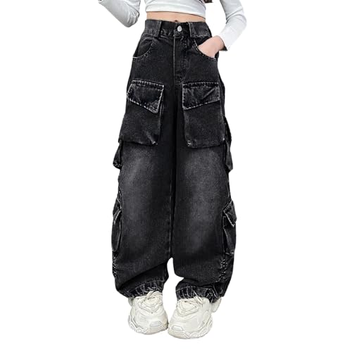 Girls Streetwear Denim Cargo Pants Elastic Waist Floor Length Baggy Wide Leg Jeans Washed Vintage Trousers Multi Pockets
