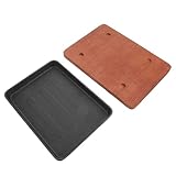 Happyyami Steakpfanne Gusseisen mit Zwei Griffen und Holzunterlage Grillplatte Rechteckig 19,5x14,5cm Gleichmäßige Hitzeverteilung Robuste Grillpfanne für Küche Bbq