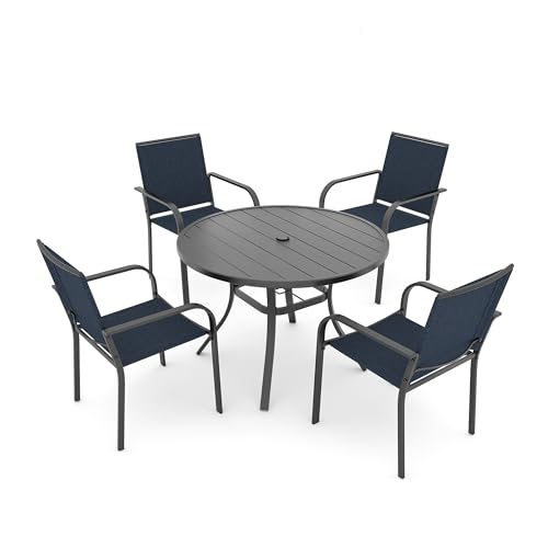 Image of Anmutig 5-Piece Outdoor Dining Set 41-Inch Round Table with 4 Stackable Chairs Navy and Black All-Weather Furniture Set for Lawn Deck Backyard