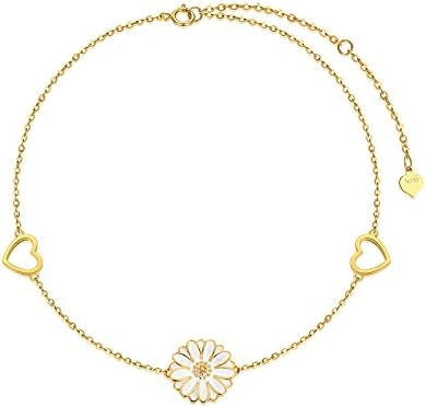 SISGEM 14K Real Gold Flower Bracelet for Women Girls,Yellow Gold Exquisite Lotus Pearl Bracelet/Daisy Heart Bracelet/Sunflower Bracelet Anklet Anniversary Birthday Gifts for Her 6.5''+1''+1'' (Daisy)