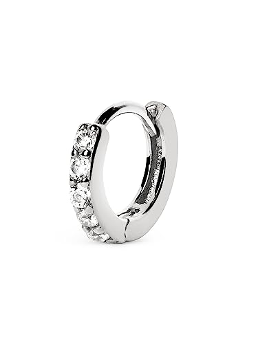 SINGULARU - Pendiente Suelto Aro Cleo M - Pendiente en Plata de Ley 925 con Acabado en Baño de Rodio - Pendiente suelto con forma de Aro y Motivo Circonitas - Cierre Congo - Joyas Para Mujer