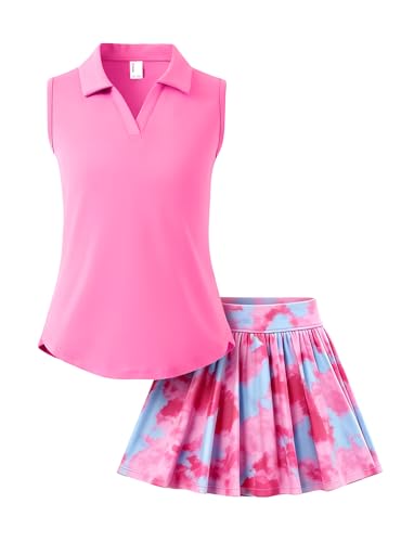 PATPAT Girls Tennis Outfits Size 11-12, Hot Pink Sleeveless Polo Shirts + Pleated Skort with Built in Shorts 2 Piece Outfits Girl Clothes Tennis Outfit Kids Activewear Sets