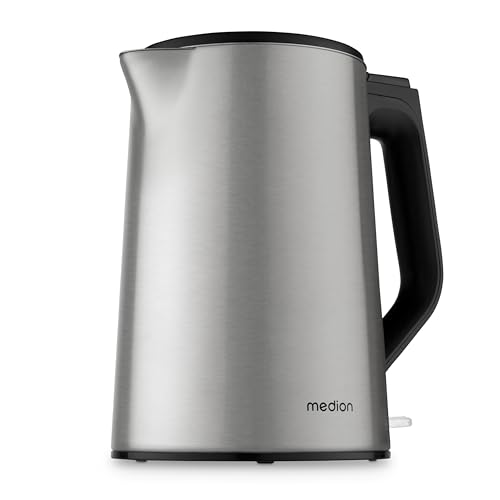 MEDION Bouilloire en inox (1,5 L, 2.200 W, base 360°, maintien au chaud, témoin LED, double paroi inox, MD12105) argenté