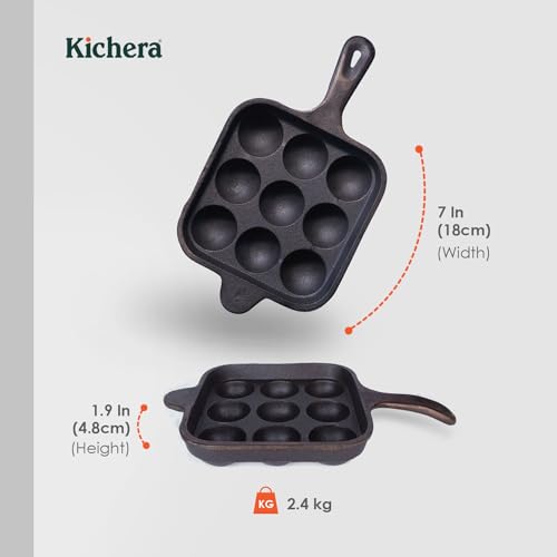 Image of Kichera Cast Iron 9 Cavity Paniyaram pan Long Handle 7 Inch, 2.4kg | Paddu Maker |Ponganalu Kallu | Appam Chatti |Pre-Seasoned & Naturally Non-Stick | Induction Friendly Pure & Toxin-Free Appachatty