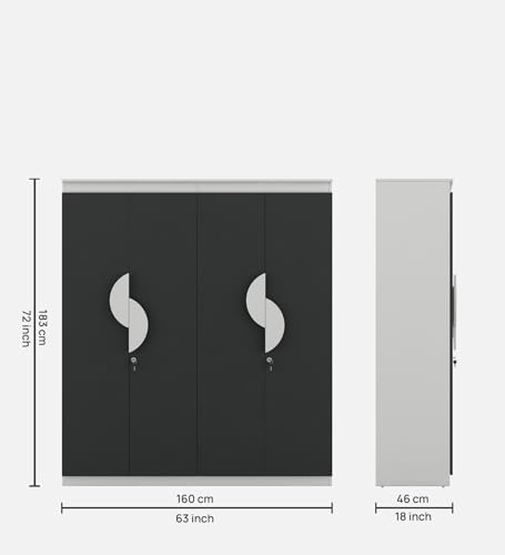 Image of Alton 4 Door Wardrobe | Engineered Wood | Slate Grey Finish | Multi-Shelf Storage with Drawers & Locker | Modern & Spacious | Knock-Down Delivery | 3-Year Warranty
