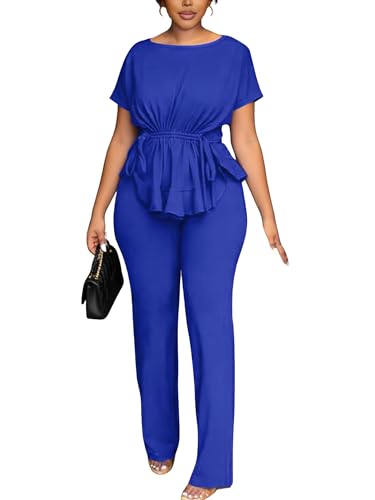 knowfashionstyle Women'S 2 Piece Outfits Suit Set Short Sleeve Peplum Top Pants Sets Casual Pantsuits Elegant Business Suit Blue M