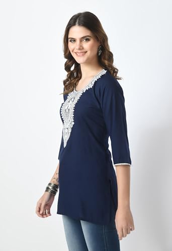 Image of LIBOZA Short Kurti for Women - Lakhnowi Chikankari Embroidered Ladies Kurta, Stylish Girls Top, Ethnic Half Kurtas, Tunic Design Woman Kurtis