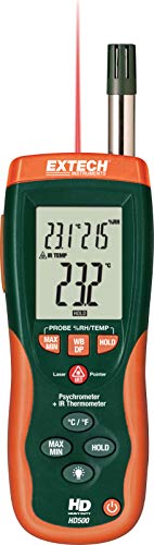 Image of Extech HD500 Psychrometer with 30:1 Infrared Thermometer | Humidity, Type K, and IR thermometer (30:1), triple backlit LCD, dew point, non-contact temperature