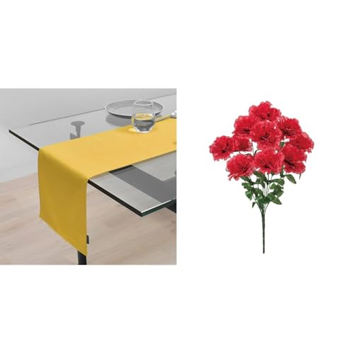 【母の日セット品】リバーシブルタイプ テーブルランナー・テーブルセンター (30cm×130cm) 綿100% 無地オックス・シトロンイエロー W2603110 +東京堂(Tokyodo) マリーカーネーションブッシュ セット