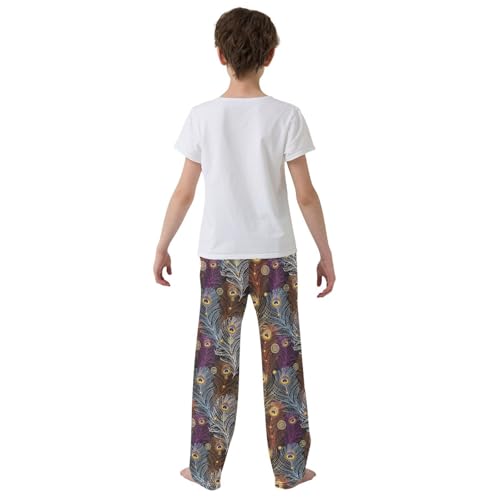 Golden Peacock Feather Print Boys Long Pants Soft Trousers Elastic Waist Kids Lounge Bottoms with Pockets S-XL3