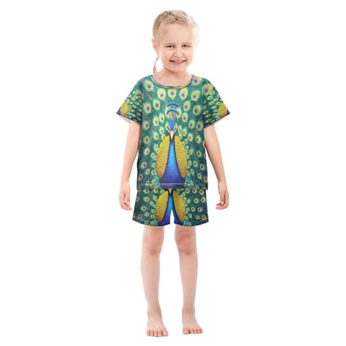ALAZA Peacock Bird Blue Yellow Pajamas Set Short Sleeve Cotton Sleepwear Summer Pjs 2 Piece 5-14Y3