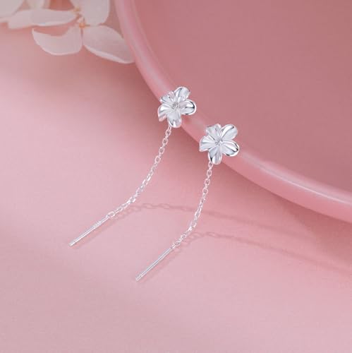 Reffeer Solid 925 Sterling Silver Plumeria Flower Chain Dangle Earrings for Women Teen Girls CZ Flower Tassel Earrings Threader Drops4