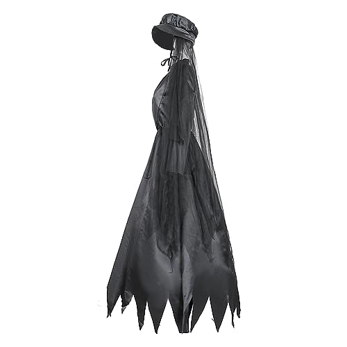 NICEYEA XXL Halloween Witch Costume Horror Graveyard Bridal Set Cosplay Dark Black Ghost Bride Dress Long Hooded Cloak Scary Fancy Dress Outfits Props for Women Role Play Prom Party Carnival - Image 3