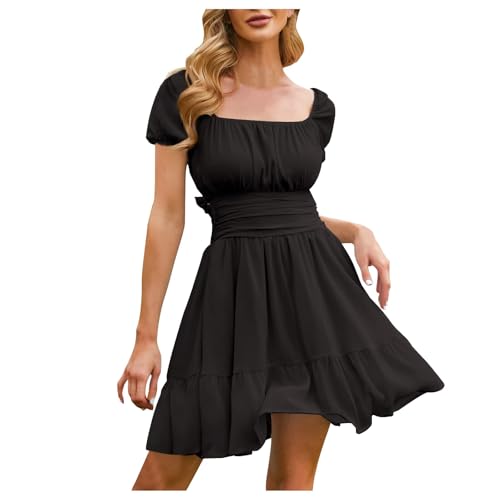 Robe mini trapèze col carré vêtements décontractés femme manches bouffantes chic