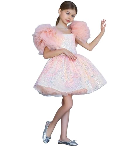 Girls Sequin Flower Dresses Puffy Layers Pageant Dress Sparkly Short Sleeves Princess Birthday Party