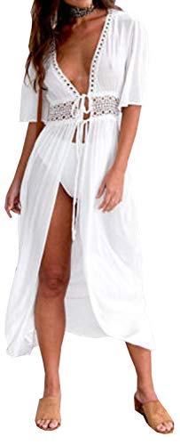 Carolilly Cache Maillot Femme Robe de Plage Longue Ajourée Manches 1/2 Blouse Bikini en Dentelle Blanche Noire Bleue, Blanc, 2XL/42