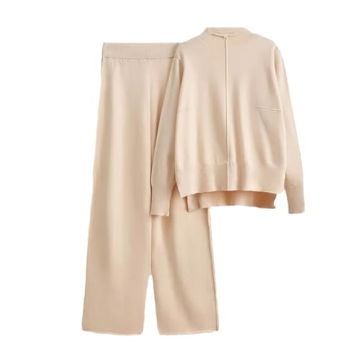 Ensemble 2 pièces coréen en tricot beige à maille solide avec pantalon large fluide et pull col rond