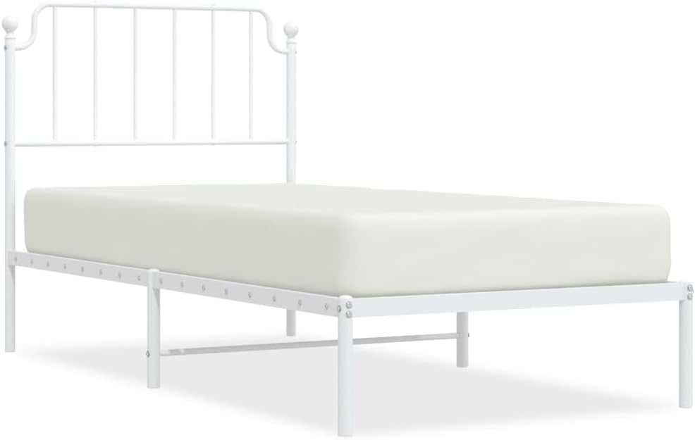 Twin Bed Frame White Powder-Coated Steel Metal Bed Frame with Headboard Platform Foundation Sturdy Durable Storage Modern Minimalist Bedroom Furniture