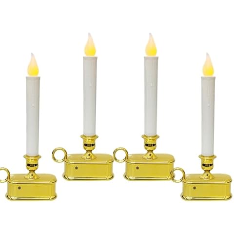 Romasaty 4 Pack Christmas Window Candle Lamps with Sensor Dusk to Dawn,10 Inch Battery Operated LED Window Candles with Flickering Amber Flame for Weddings Table Christmas Decor, Gold Plated Base Cover
