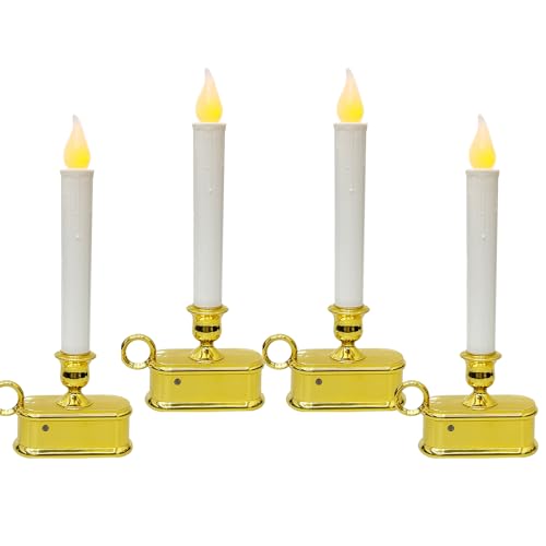Romasaty 4 Pack Christmas Window Candle Lamps with Sensor Dusk to Dawn,10 Inch Battery Operated LED Window Candles with Flickering Amber Flame for Weddings Table Christmas Decor, Gold Plated Base