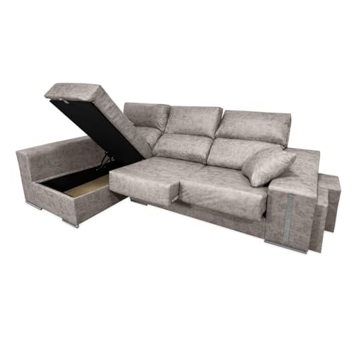Homey - Sofá Chaise Longue Izquierdo con Dos Taburetes, Cojines Decorativos y Arcón de Almacenaje, Modelo Janeiro, Práctico y Funcional, Reclinable, Color Cemento