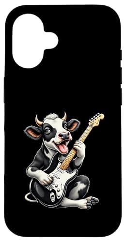 エレキギターを弾く面白い牛 動物 音楽 牛の恋人 スマホケース iPhone 16 用