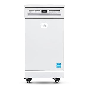 BLACK+DECKER 18” Portable Dishwasher, Compact Dish Washer with 8-Place Setting Capacity, Stainless Steel Tub, 6 Wash Programs, Worktop Space, Mobile Dishwasher with Casters, Faucet Connect, White