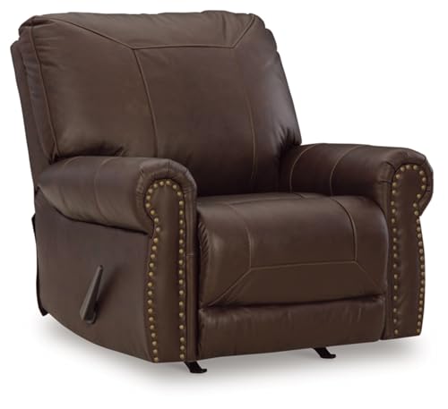 Image of Signature Design by Ashley Colleton Leather Rocker Recliner, Dark Brown | Leather match manual recliner, Rocker recliner chair, Premium top-grain leather seating, Space-saving 12-in wall space