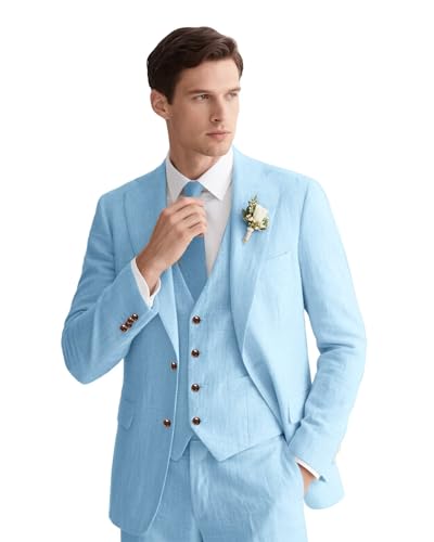 Linen Men’s Suits Slim Fit 3 Piece Blazers Jackets Vest Pants Linen Suit Set for Men Groom Wedding Outfit Light Blue XL