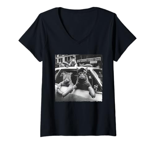 Femme Funny Cat Gang Meme Cool Vintage Humour Sarcastique Hommes Femmes T-Shirt avec Col en V