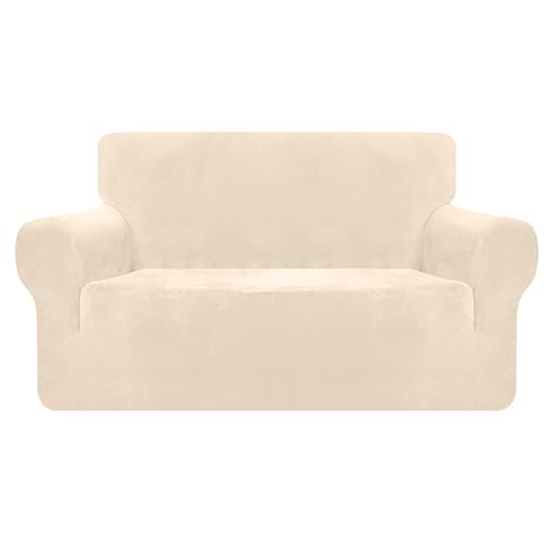 Granbest Luxury Thick Velvet Sofa Cover 2 Seater High Stretch Couch Cover Ski-friendly 4 Seasons Universal Sofa Protector for Pets and Kids (2 Seater, Beige)