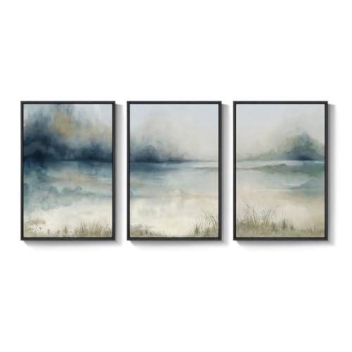 Décoration murale salon lot de 3 toiles paysage abstrait bleu 30x40