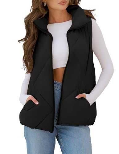 MEROKEETY Womens 2025 Puffer Vest Sleeveless Zip Up Quilted Coat Stand Collar Gilet Jacket With Pockets