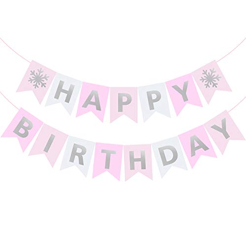 Pink Snowflake Happy Birthday Banner Winter Wonderland Party Supplies Silver Sparkle Letters Garland for Girls Princess Decoration