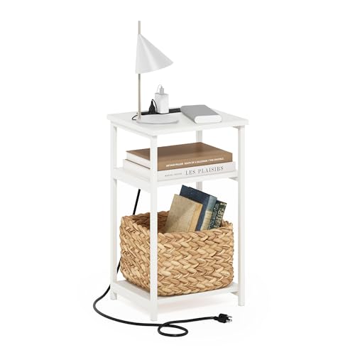 Furinno Moretti Side Table, 3-Tier End Table with Charging Station, Metal Frame Night Stand, Bedside Table with USB and Type-C Charging Port, for Living Room, Bedroom, White