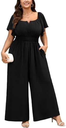 SCOMCHIC Women's Plus Size Jumpsuits Square Neck Dressy Casual Wi...