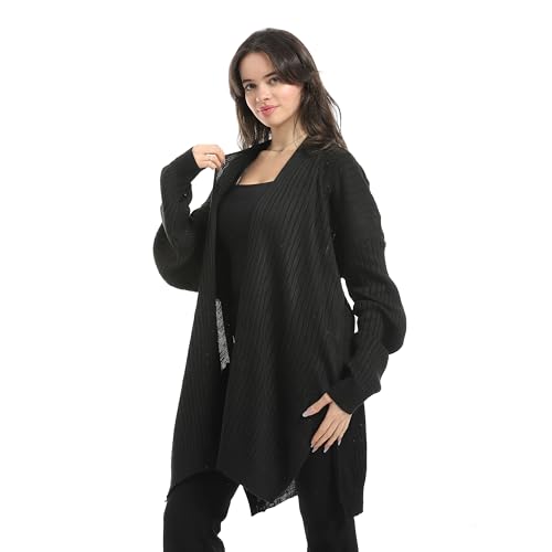 Andora Wide Ribbed Open Neckline Slip On Cardigan-Black-FREE